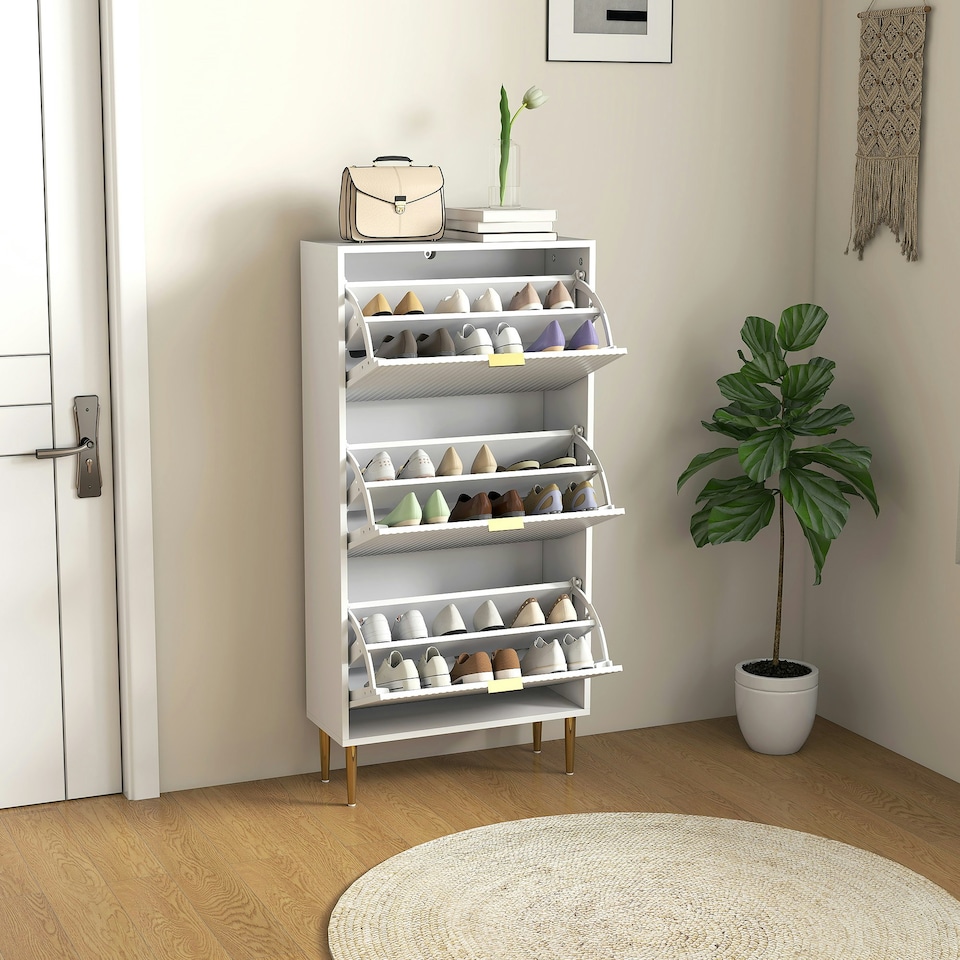 image 1 of HOMCOM Slim Shoe Storage Cabinet with 3 Flip Drawers for Hallway White | Gold | 60W x 24D x 128H cm