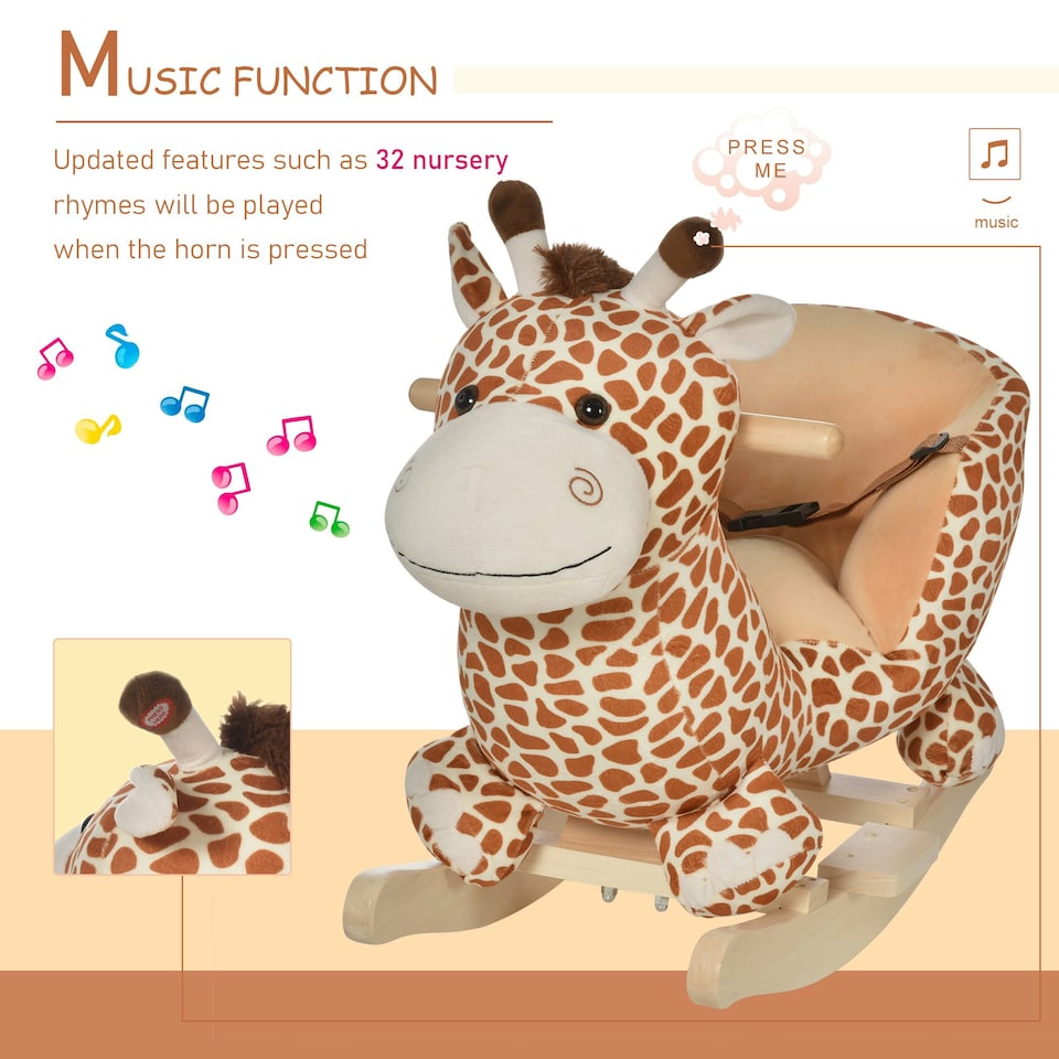 image 1 of HOMCOM Baby Rocking Horse Kids Ride on Giraffe Plush Toy W/ 32 Song Seat Belt