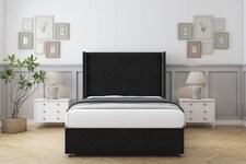 Sloomy Devonshire Black Plush Divan Bed With Mattress No Drawers With 54" Wingback Headboard 3' Single | Black | Black | Single | 1