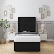 Sloomy Devonshire Black Plush Divan Bed With Mattress No Drawers With 54" Wingback Headboard 3' Single | Black | Black | Single | 1