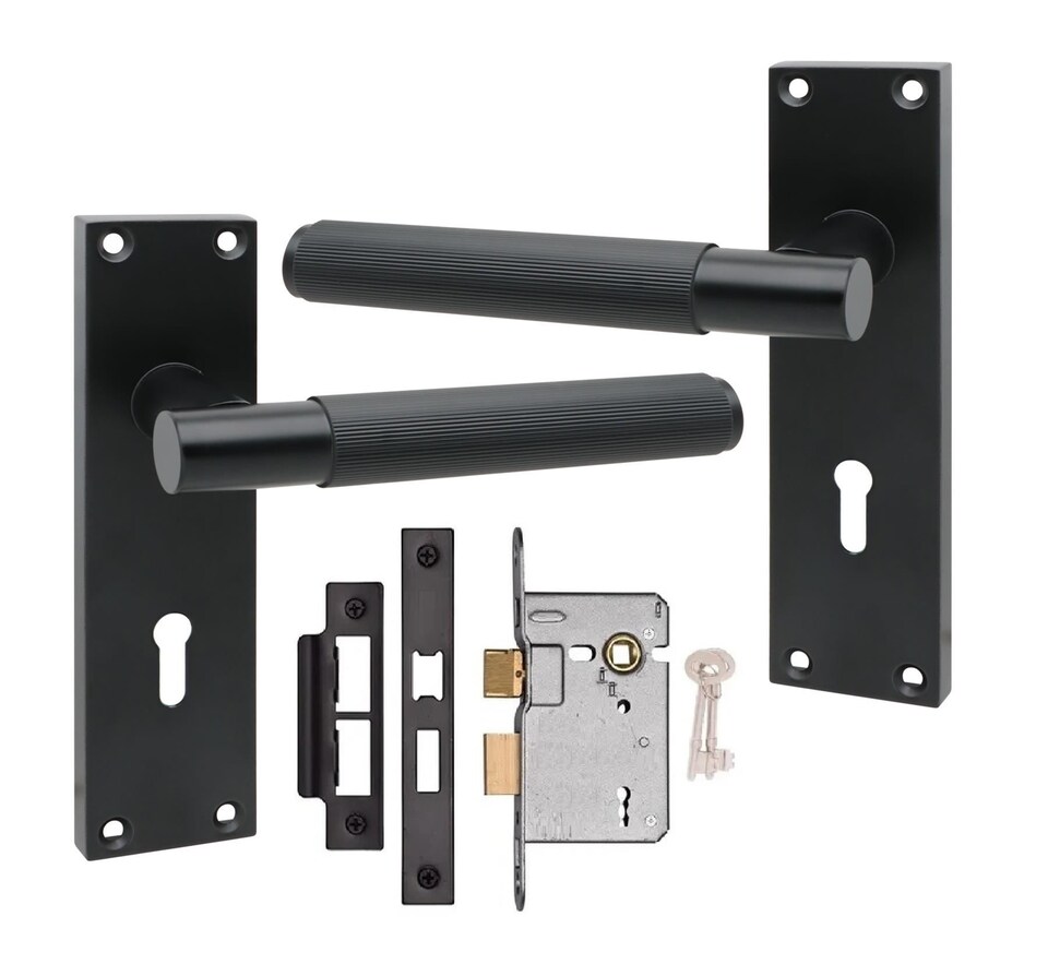 image 1 of Golden Grace Victorian T-Bar Linear Design Lock Door Handle Set Matt Black Finish with 2.5in 3 Lever Lock - 150 x 40mm
