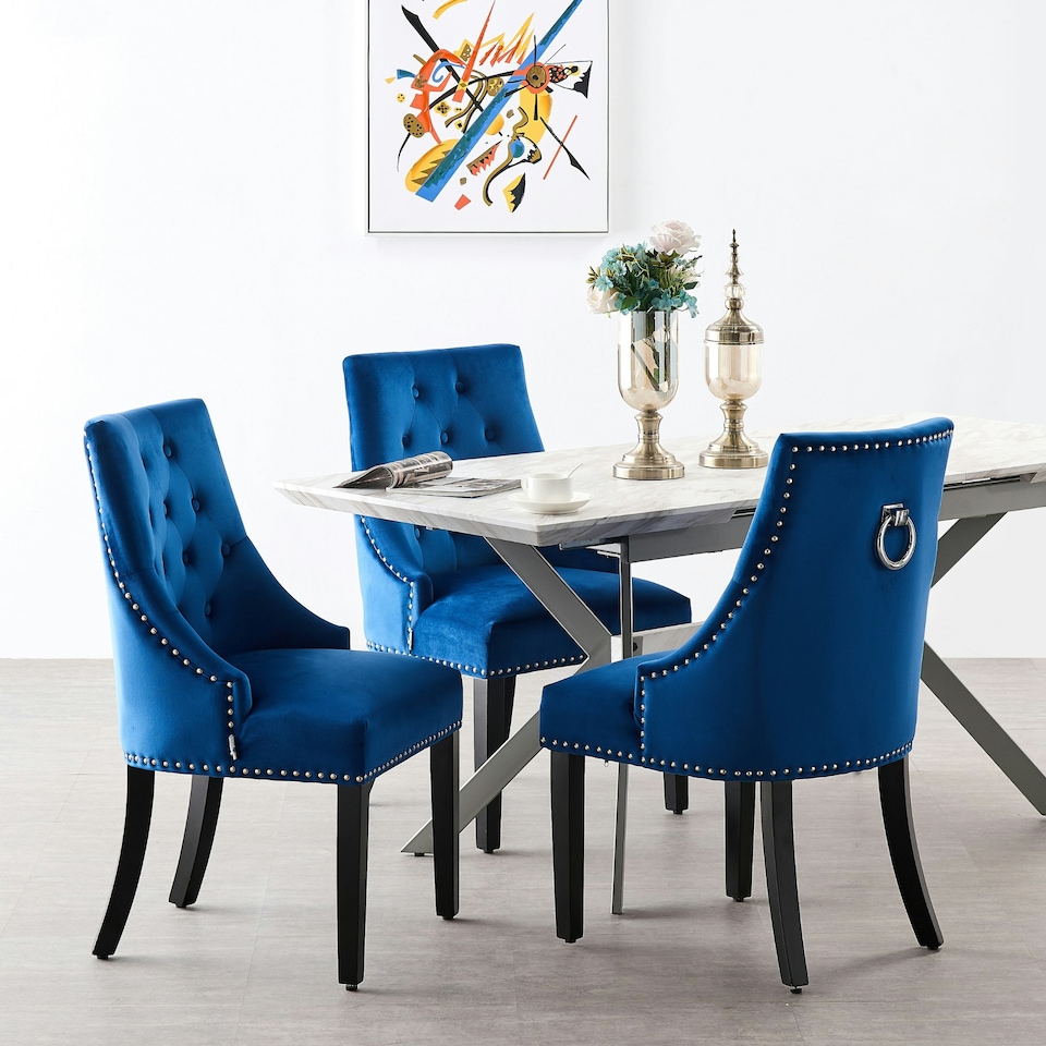 image 1 of Set of 4 Velvet Dining Chairs Ergonomic Scoop Knockerback & Button Tufted Wood Legs Blue