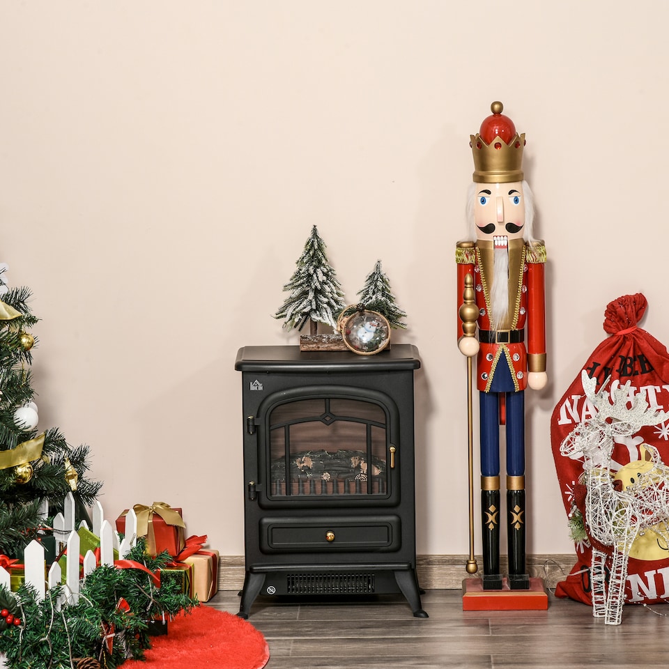 image 1 of HOMCOM Freestanding Electric Fireplace Indoor Heater Glass View Log Wood Burning Effect Flame Portable Fireplace Stove 9501850W Black