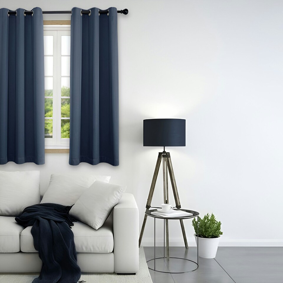image 1 of Cobalt Dusty Blue Blackout Thermal Eyelet Curtains - 46 x 63 Inch Drop - 2 Panel