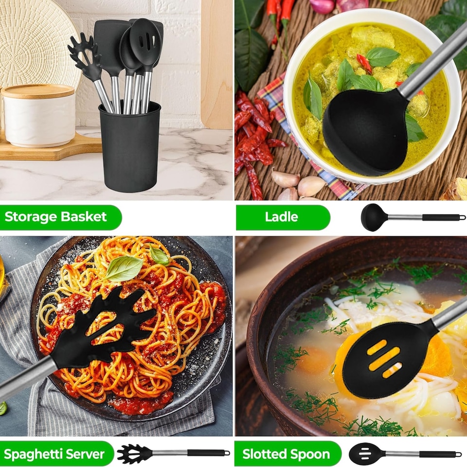 image 1 of 8 Piece Silicone Kitchen Utensil Set with Storage Bucket Black