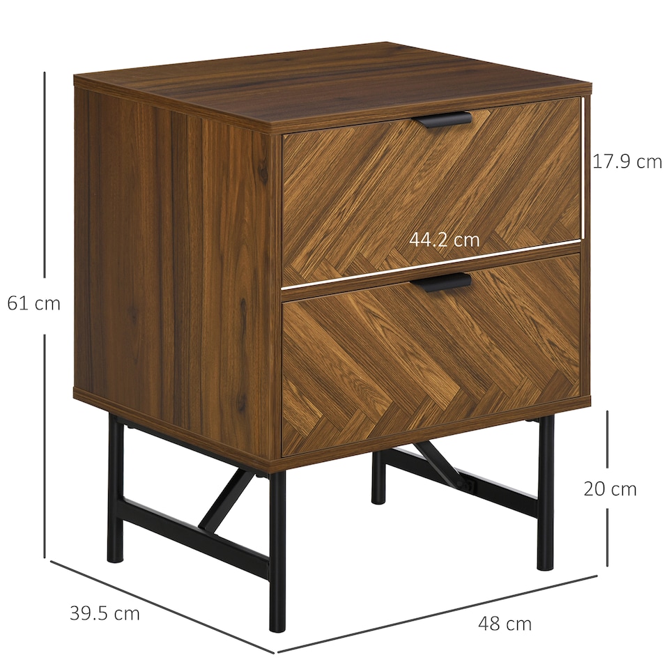 image 1 of HOMCOM Bedside Table with Two Drawers, Side Cabinet Storage Unit with Metal Handles, Organisation Furniture for Living Room, Bedroom, Walnut Brown