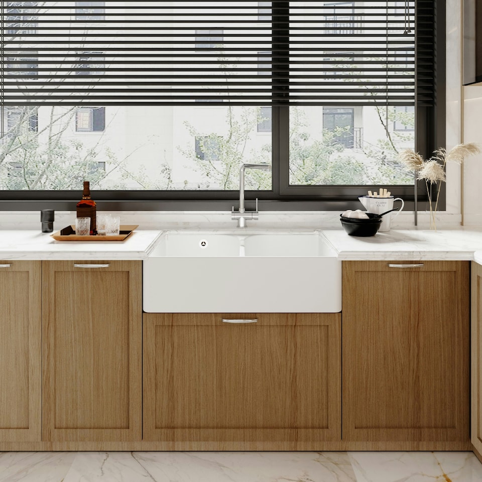 image 1 of 795mmDouble Bowl Fireclay Butler Kitchen Sink - Stepped Weir &  Wastes