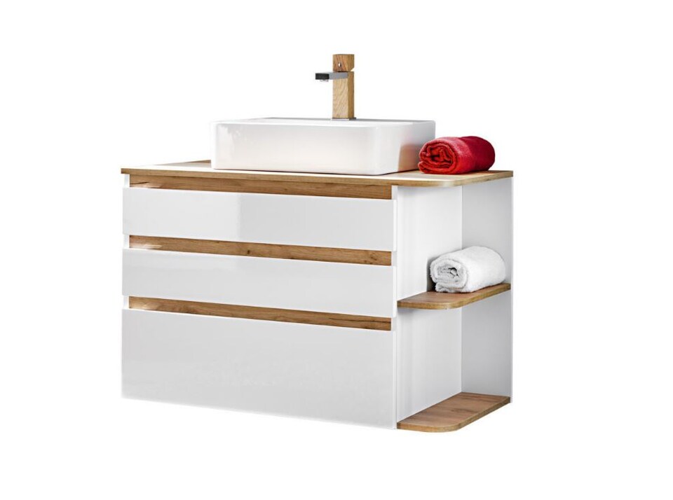image 1 of Plat Bathroom Vanity Unit, Oak Countertop - White Gloss W940xH635mm