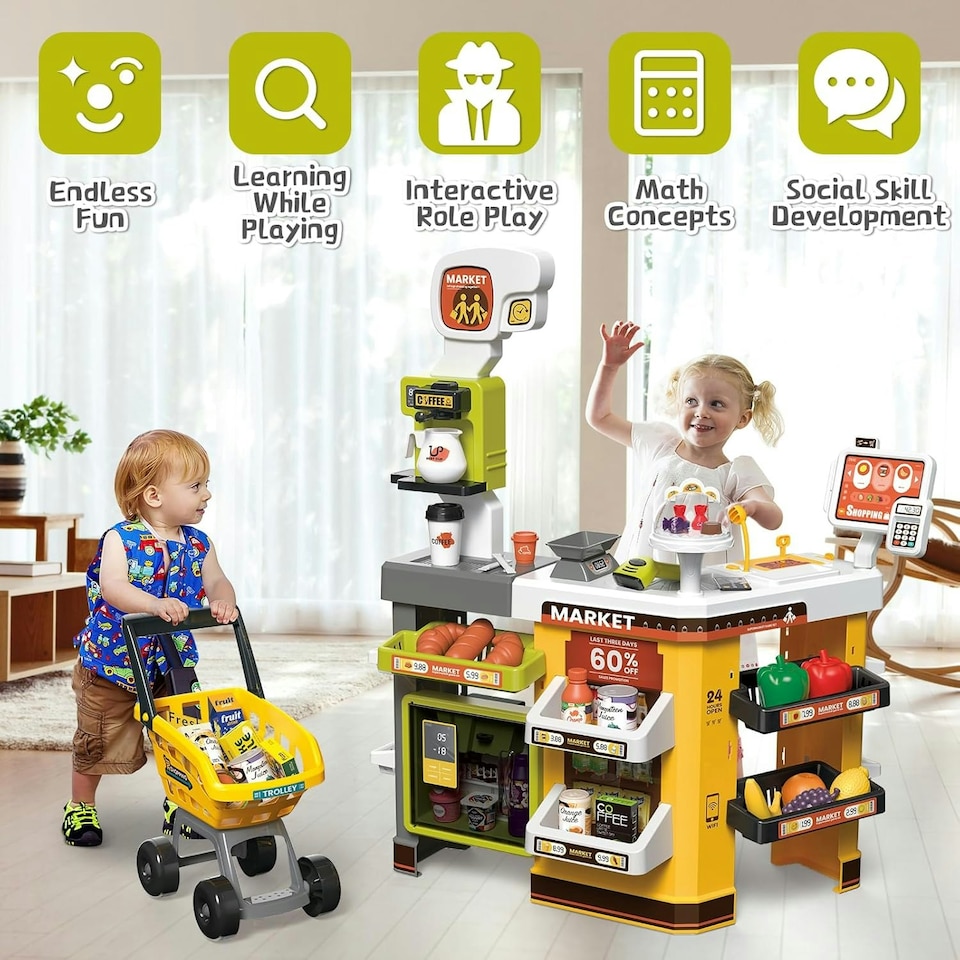 image 1 of Kids Supermarket Pretend Play Set - Cash Register with Scanner, Lights & Sounds, Shopping Cart, 65 Accessories, Play Money, Food Items & Freezer Smoke Effect, Educational Role Play Toy for Ages 3+