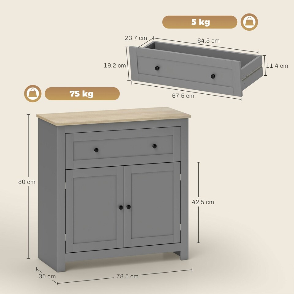 image 1 of HOMCOM Sideboard Storage Cabinet with Adjustable Shelf, Drawer, Grey Grey
