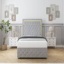 Sloomy Sofia Gold Silver Plush Divan Bed With Mattress 2 Drawers Left Side With 54" Floor Standing Headboard & 12" Matching Footboard 4' Small Double | Silver | Silver | Small Double | 1