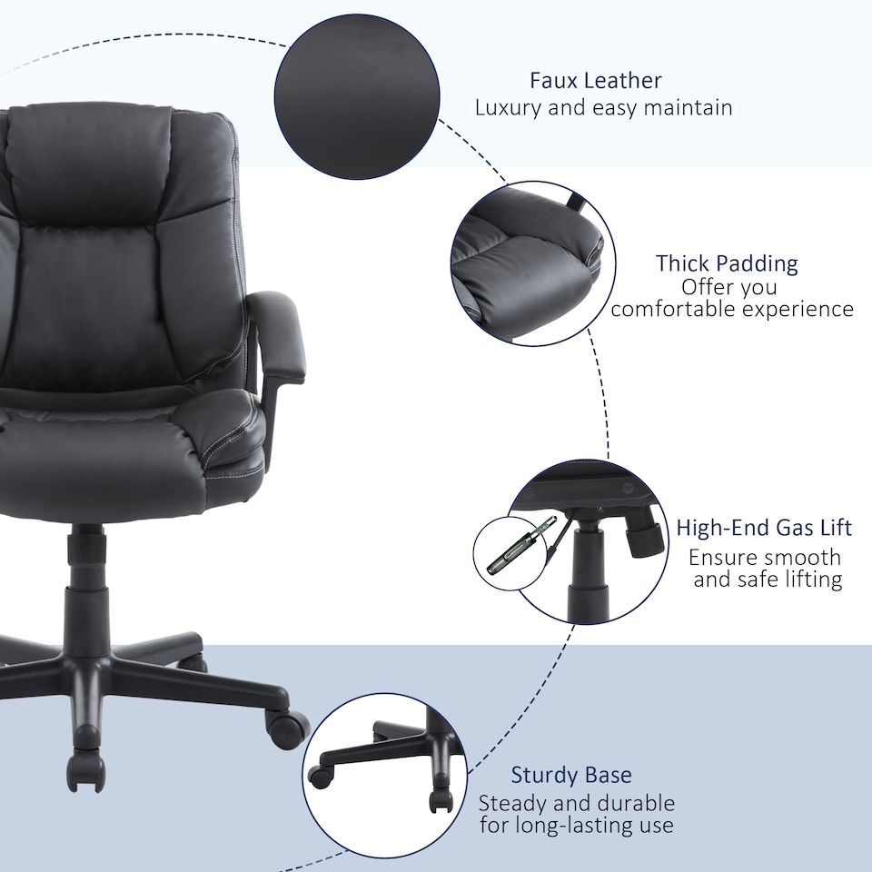 image 1 of HOMCOM Desk Chair, PU Leather Office Chair with Adjustable Height and Swivel Wheels, for Home Work Study, Black