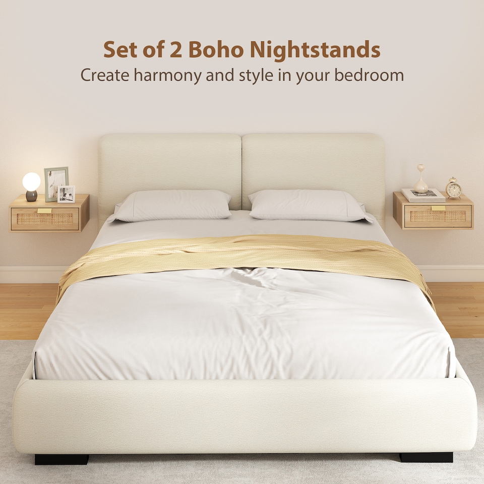 image 1 of HOMCOM Floating Bedside Tables Set of 2, Boho Nightstands with Rattan Drawer | Brown | Oak | 40 x 30 x 15 cm