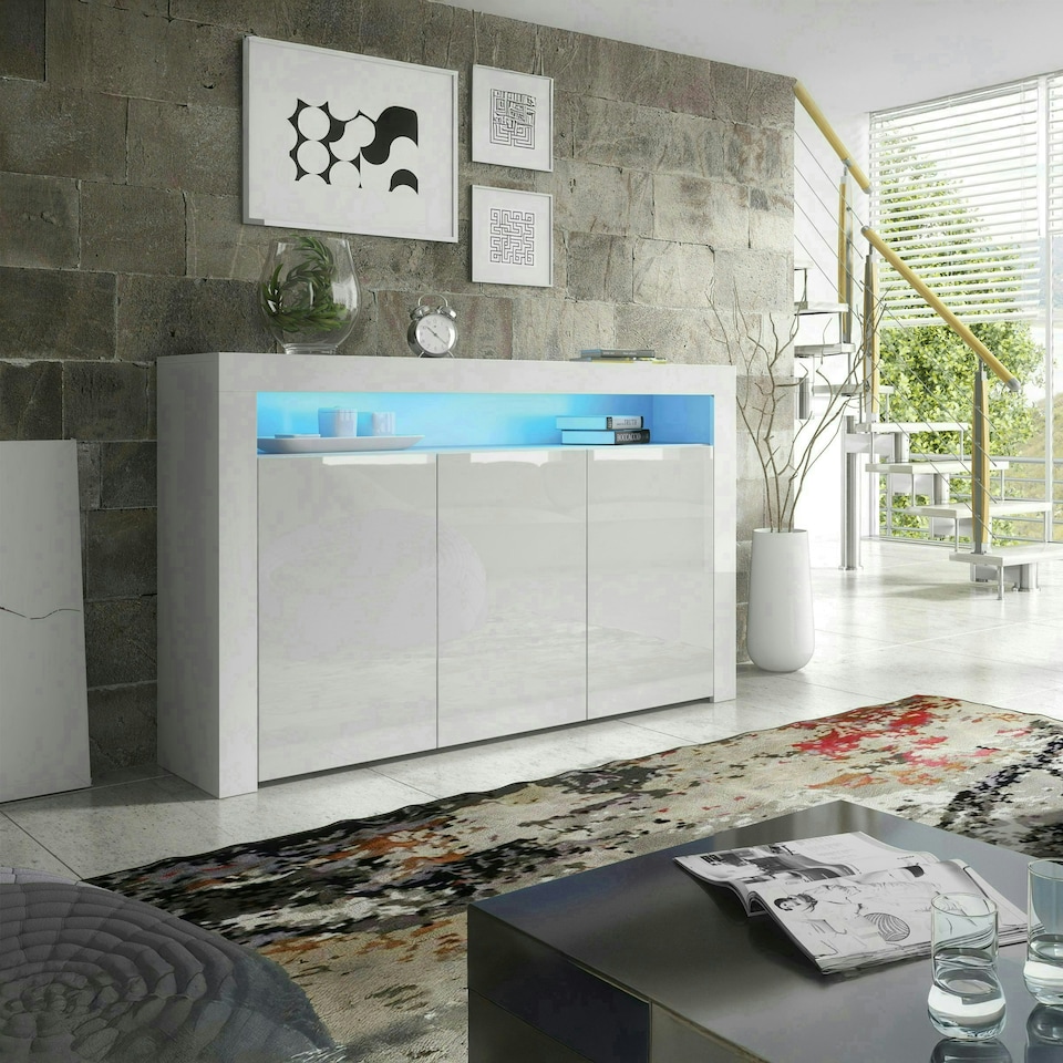 image 1 of Sideboard 155cm White Gloss Doors White Matt Body Free LED Light | White