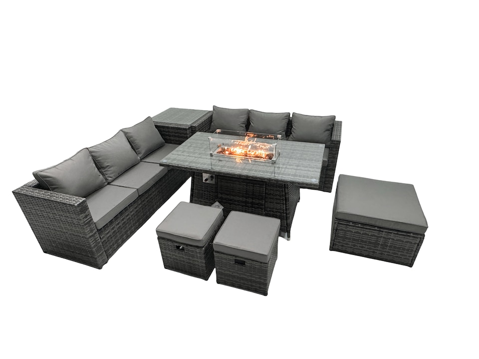 image 1 of Fimous Rattan Garden Furniture Firepit Dining Set 9 Seater Lounge Sofa Table Set with Side Table 3 Footstool