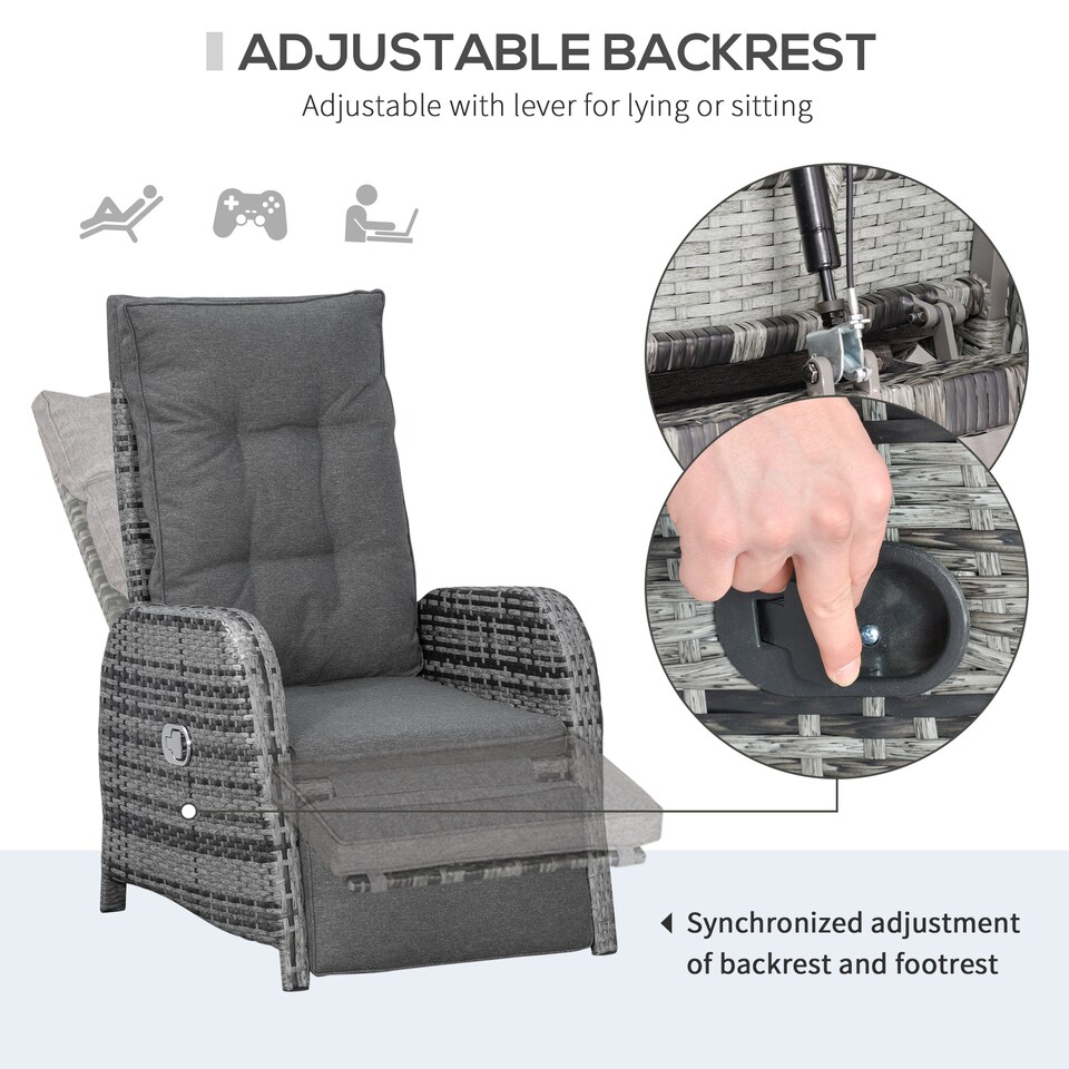 image 1 of Outsunny 3 Pieces Rattan Bistro Set, Wicker Balcony Furniture Set with Reclining Sun Loungers, 2-Tier Coffee Table and Cushions, 2 Seater Garden Furniture for Outdoor Patio Balcony, Mixed Grey