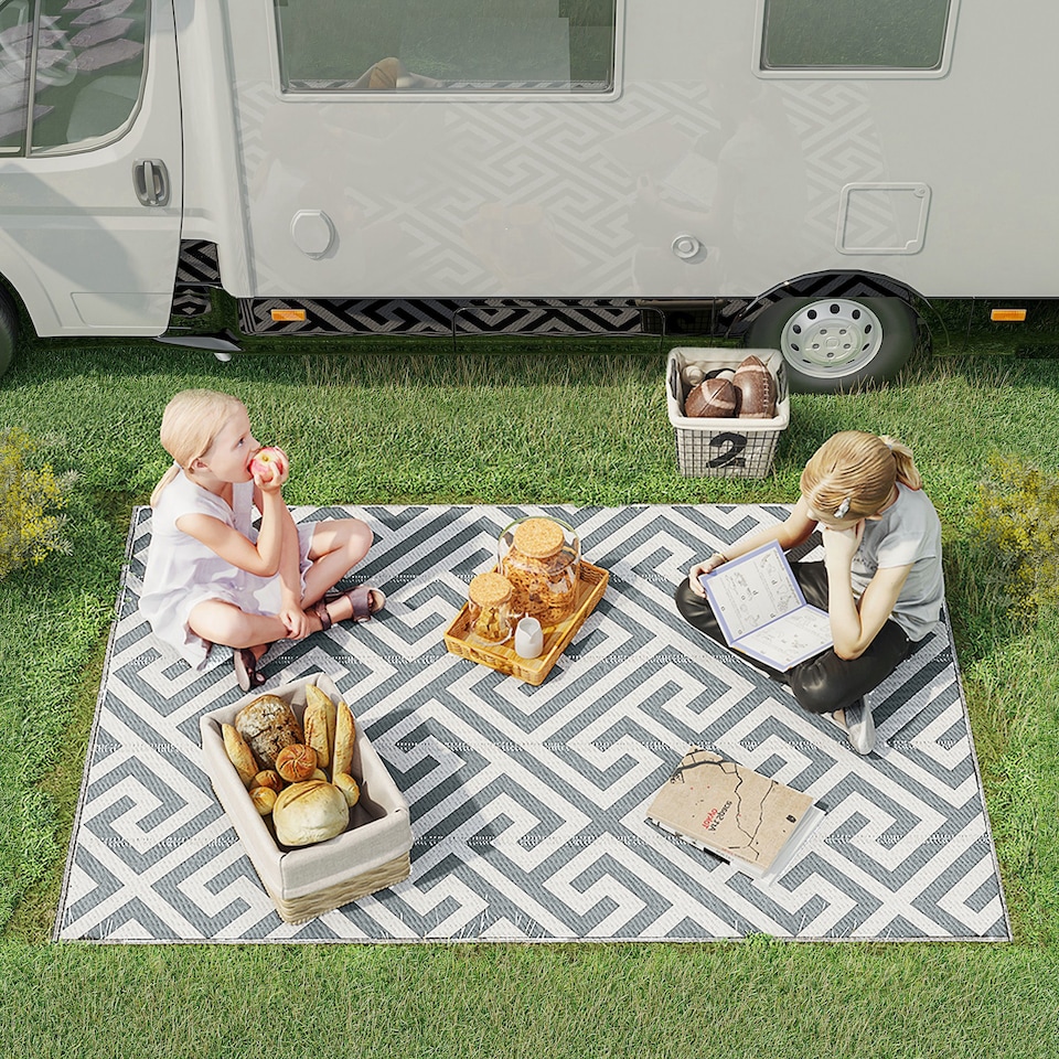 image 1 of Outsunny Reversible Outdoor Rug Plastic Straw RV Camping Mat for Garden Deck Picnic | Grey | Light Grey | 152cm x 243cm x 0.3cm