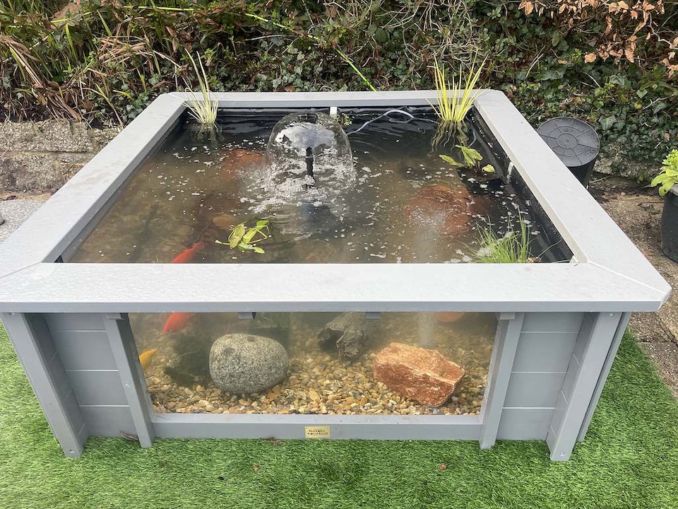 image 1 of Raised square pond with large windows Lotus Clear View Garden Aquarium in Grey