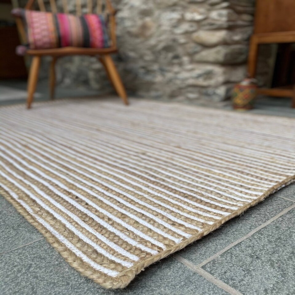 image 1 of CHAKKAR PALE Stripe Square Beige Hall Rug - Jute - L120 x W120 Brown
