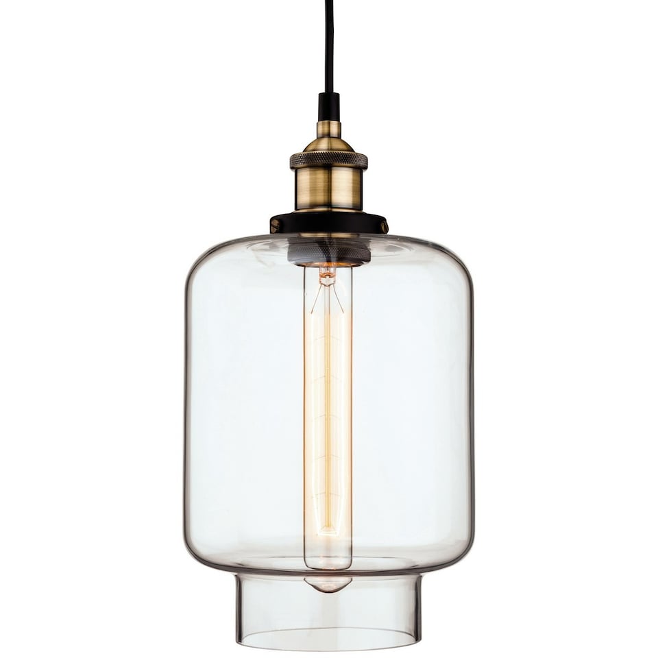 Empire 1 Light Ceiling Pendant Antique Brass, Clear Glass, E27