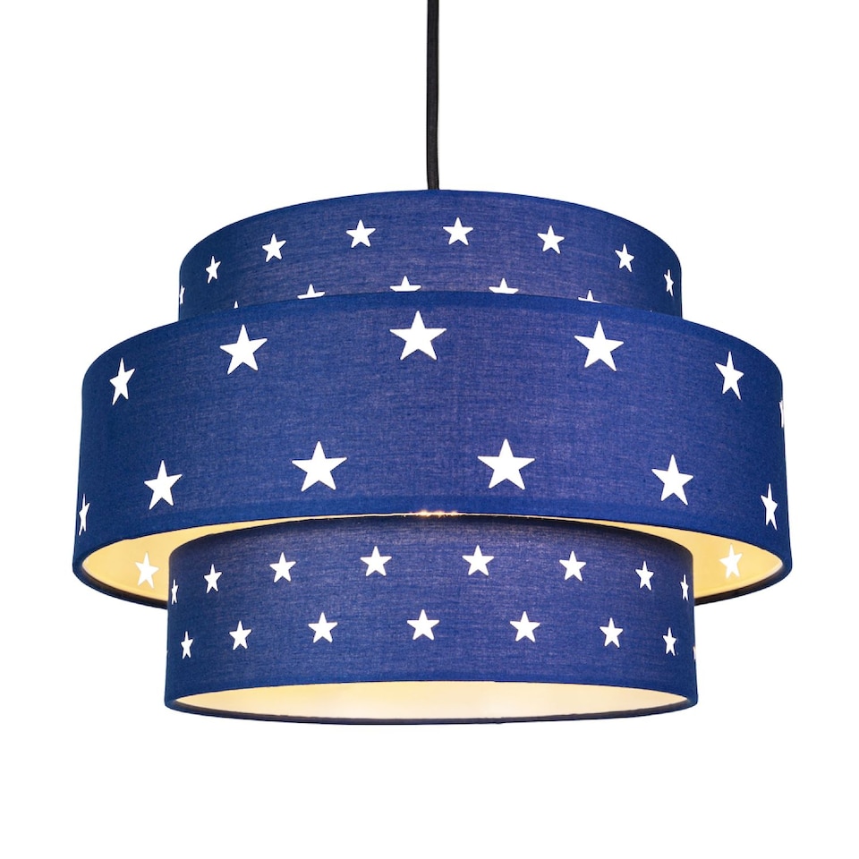 image 1 of Triple Tier Midnight Blue Cotton Fabric Childrens Pendant Shade with Stars Decor | Blue | Blue | 1