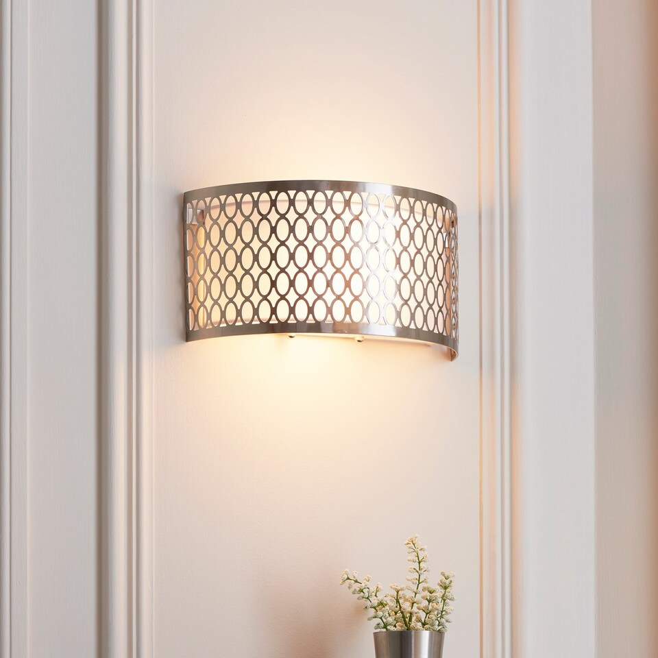 image 1 of Cordero Flush Wall Lamp Satin Nickel Plate, White Fabric & Frosted Glass 2x E14