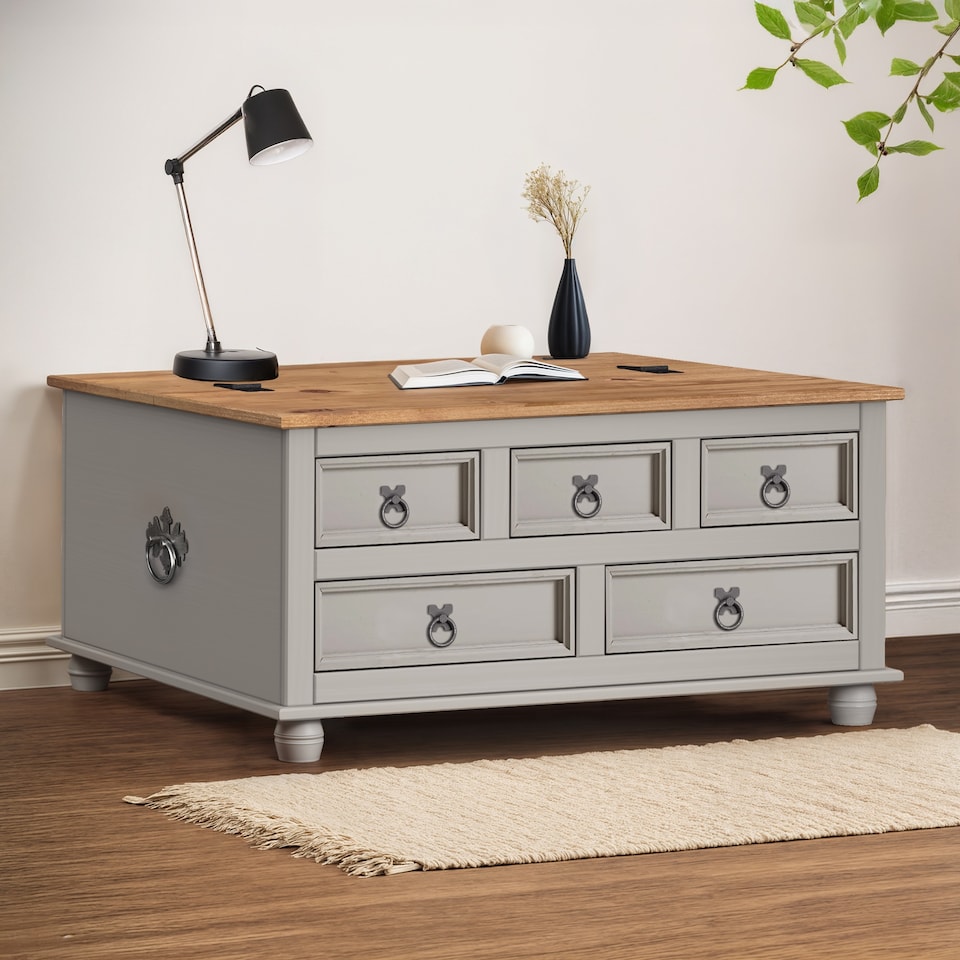 image 1 of Mercers Furniture Corona Grey Wax 5 Drawer Storage Chest Blanket Box Ottoman Coffee Table Trunk Solid Wood Mexican Pine Wooden