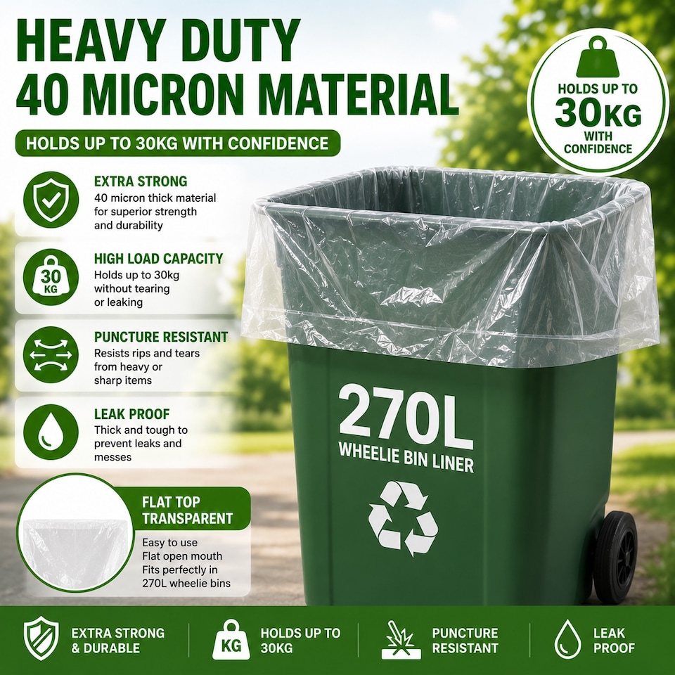 image 1 of Lianpak 270L Clear Wheelie Bin Liners 115 x 160cm 40 Micron 10 Bags Per Roll