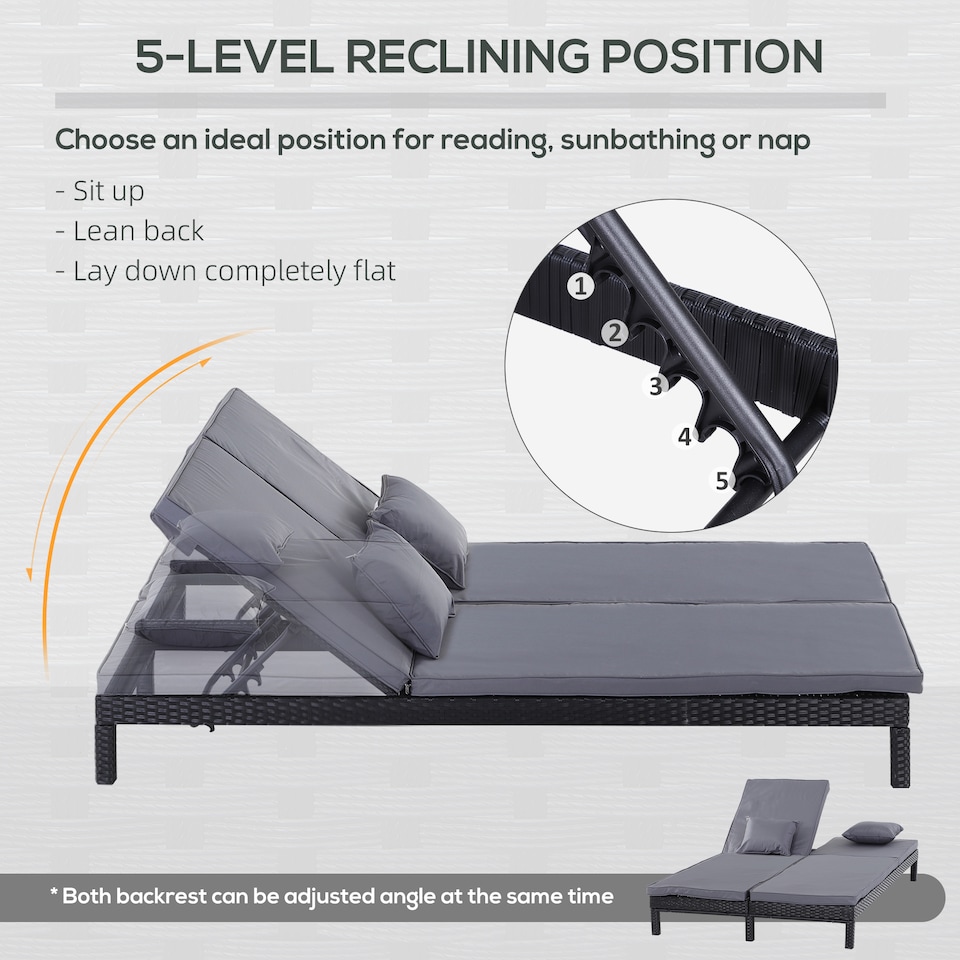 image 1 of Outsunny Double Rattan Sun Lounger, Garden Daybed with 5-Level Adjustable Backrest, Outdoor Lounge Sunbed with Cushion and Pillows, 2 Seater Wicker Patio Furniture, Black