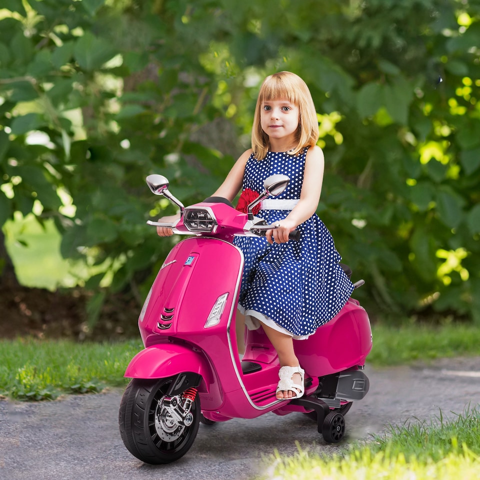image 1 of AIYAPLAY Vespa Licensed 12V Kids Electric Motorbike, Kids Ride on Motorcycle with Music, Head Light, MP3, FM Radio, Two Training Wheels, for 3-6 Years - Pink