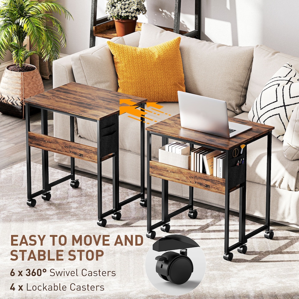 image 1 of HOMCOM Folding Desk with Storage Shelf and Bag, 63 cm Foldable Computer Desk for Small Spaces, Space Saving Writing Table on Wheels for Home Office, Bedroom, Easy Assembly, Rustic Brown | Brown