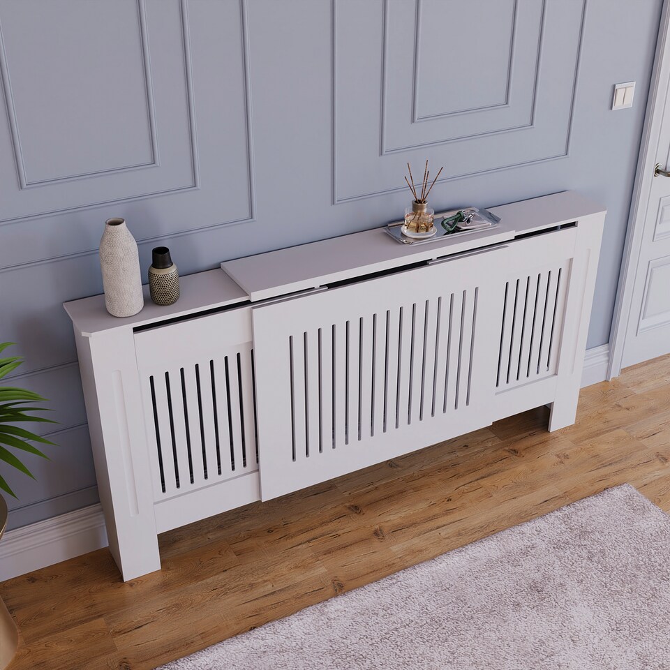 image 1 of Vida Designs Chelsea Radiator Cover Painted MDF Slatted Cabinet, White, 140-204cm