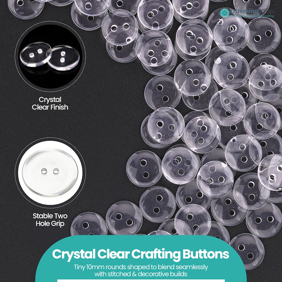 image 1 of 10mm Clear Round Plastic Buttons for DIY Projects, 2 Holes - 100pcs