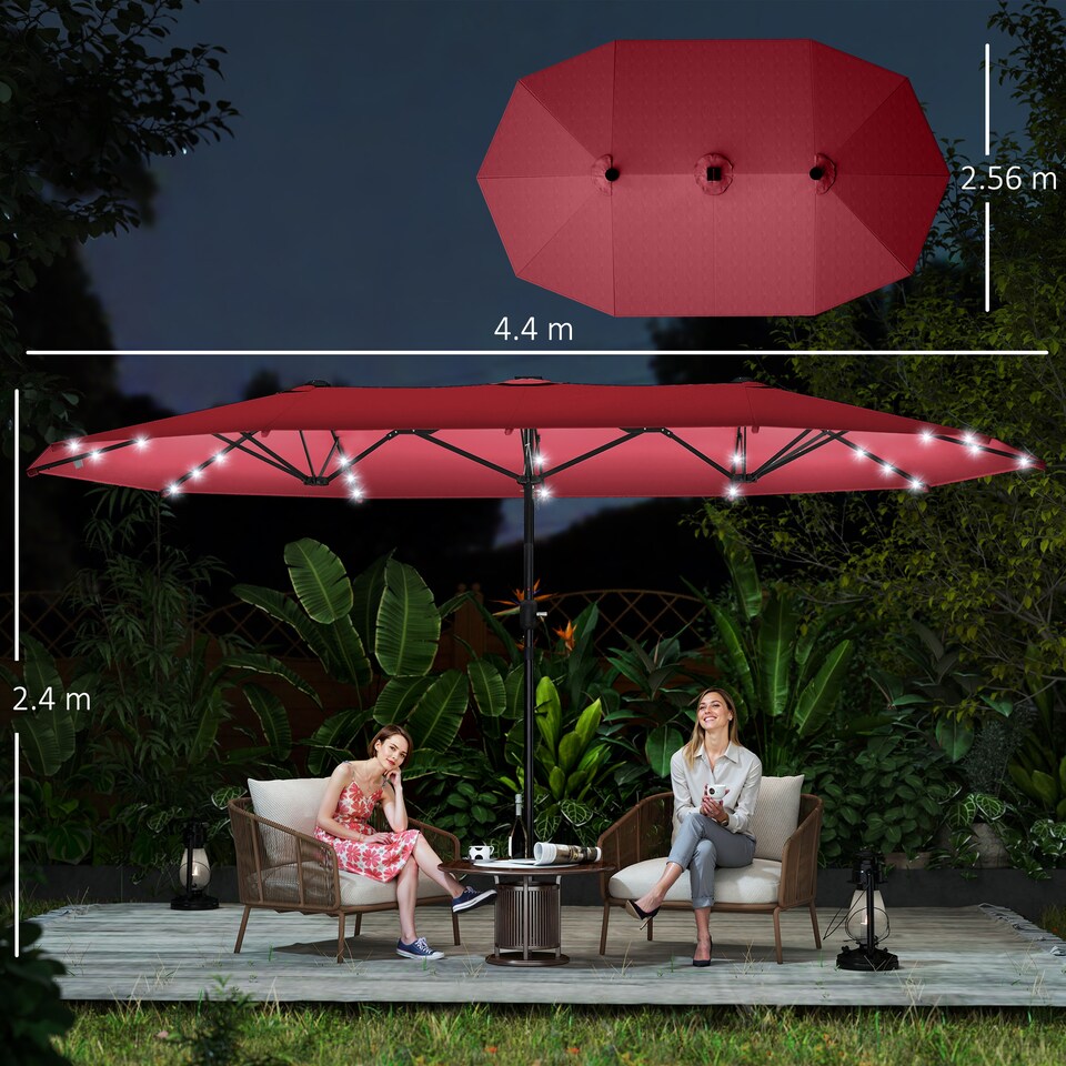 image 1 of Outsunny 4.4m DoubleSided Sun Umbrella Garden Parasol Patio Sun Shade Outdoor with LED Solar Light, NO BASE INCLUDED, Wine Red