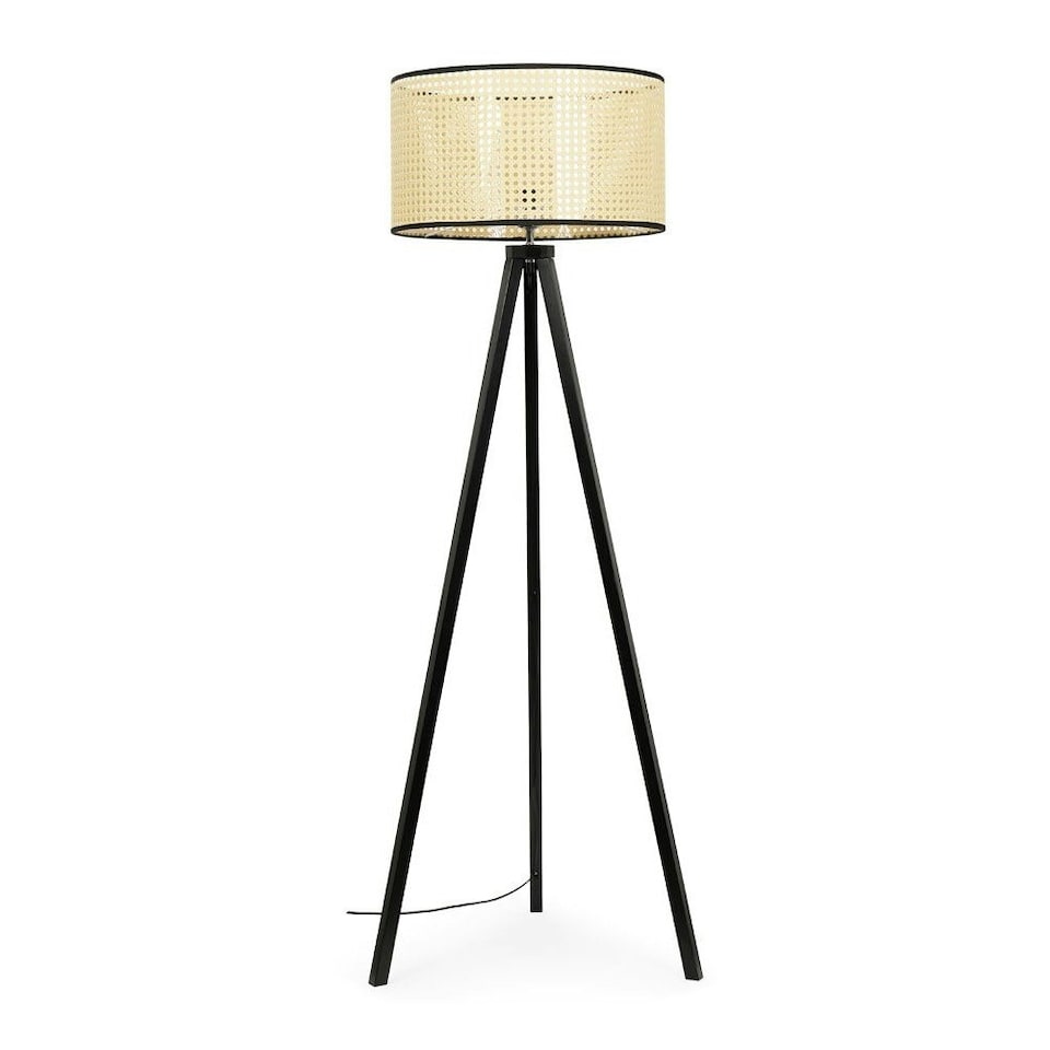 image 1 of ValueLights Barbro Black Tripod Floor Lamp Wicker Trim Shade and Bulb