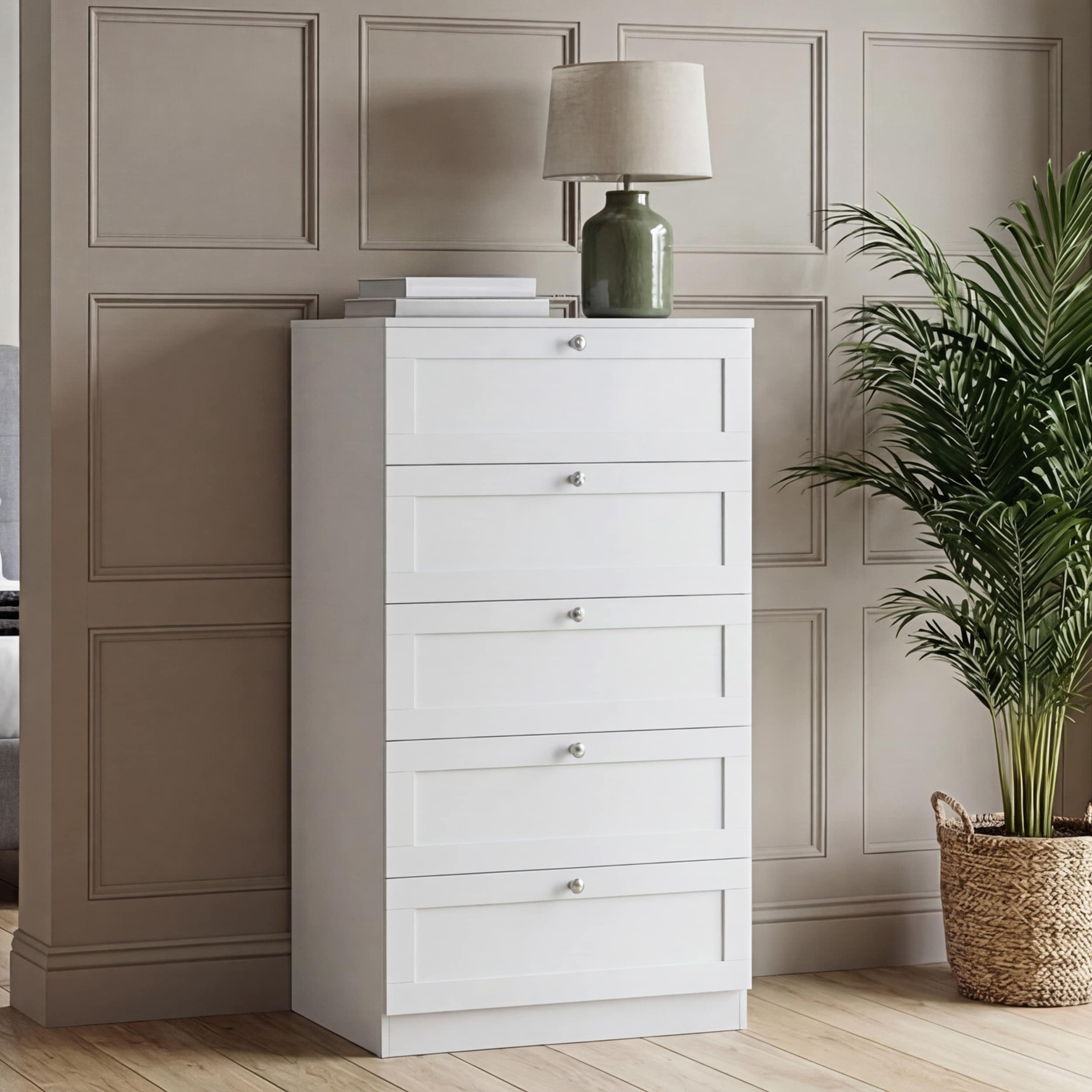 Vida Designs Altino White 5 Drawer Chest Storage Unit - H: 121cm x W: 65cm x D: 36cm