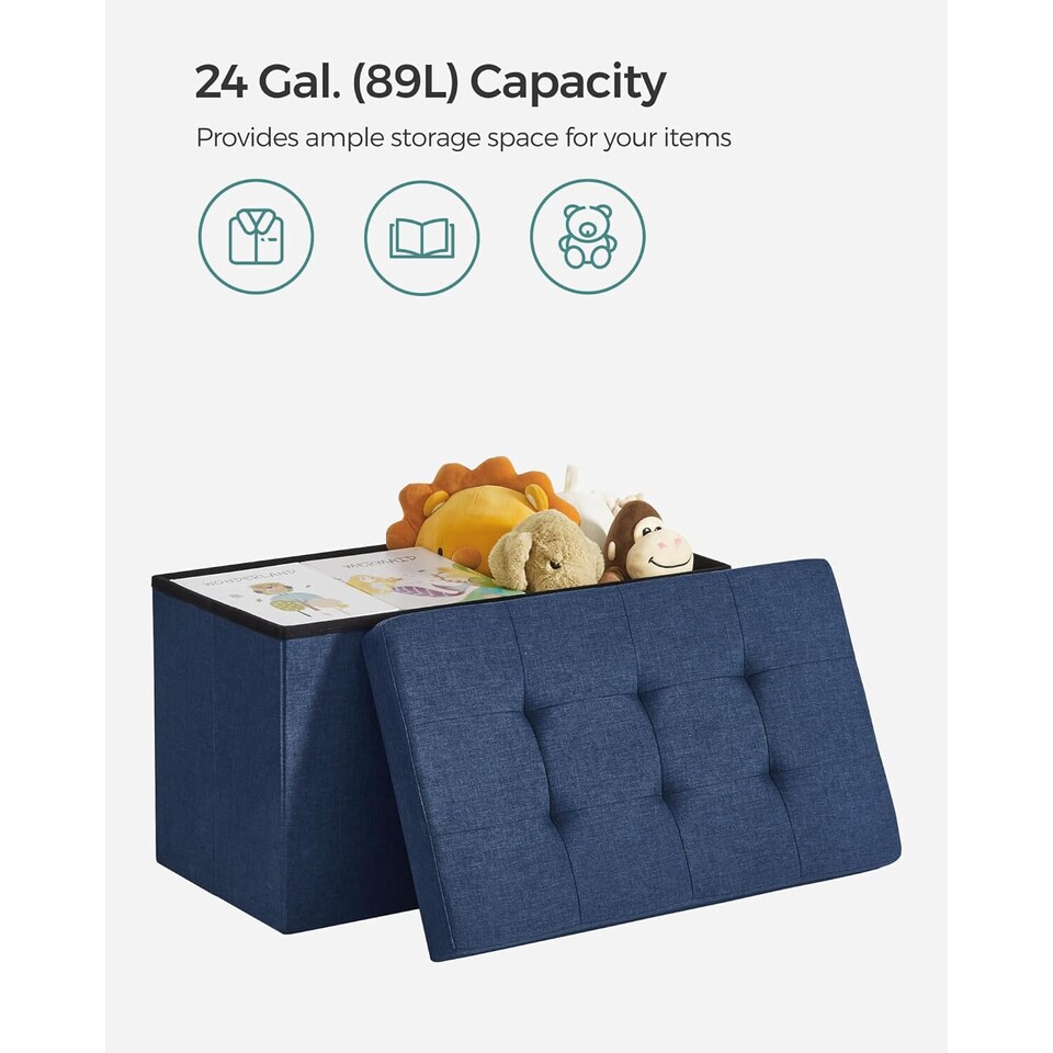 image 1 of Compact Storage Ottoman Foot Rest, Foldable Linen-Look Fabric Bench, 76 cm, Dark Blue