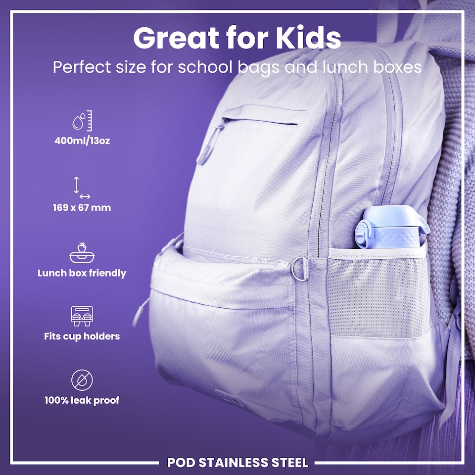 image 1 of Leak Proof Kids Water Bottle, Stainless Steel, 400ml (13oz) | Purple | Fairies | One Size