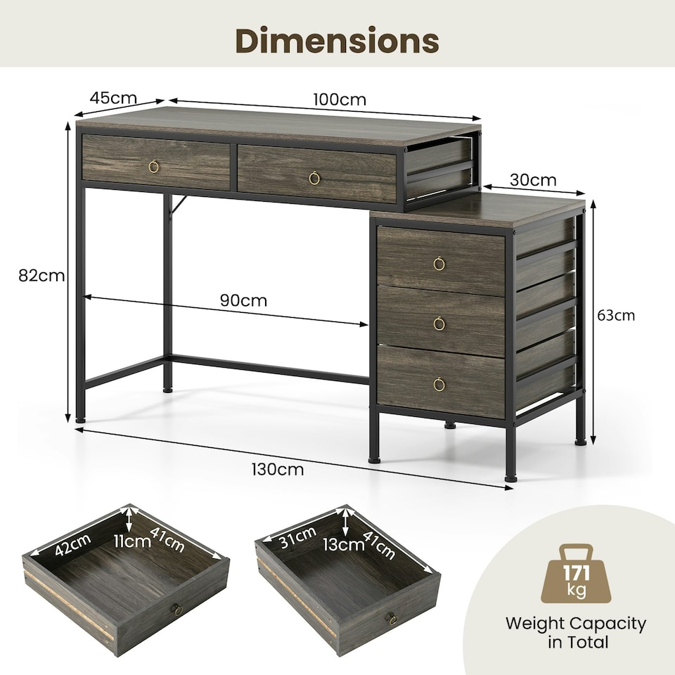 image 1 of COSTWAY Computer Desk with 5 Drawers and Side File Cabinet Grey Grey