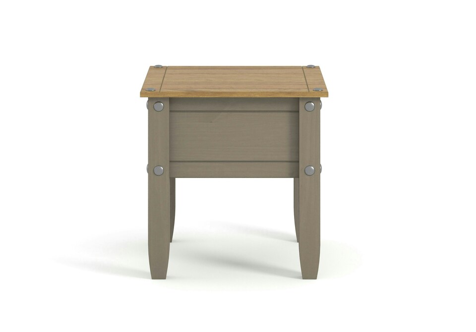 image 1 of Corona Solid Pine Lamp Table - Rustic Wooden Side Table with Chunky Legs, Optional Metal Pin Detailing | Grey | Grey Wax | One Size | 1