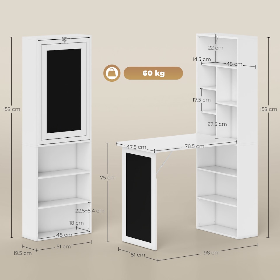 image 1 of HOMCOM Wall Mounted Computer Desk, Folding Study Table with Black Board and Bookshelf, Multifunctional Floating Writing Desk for Home Office, White