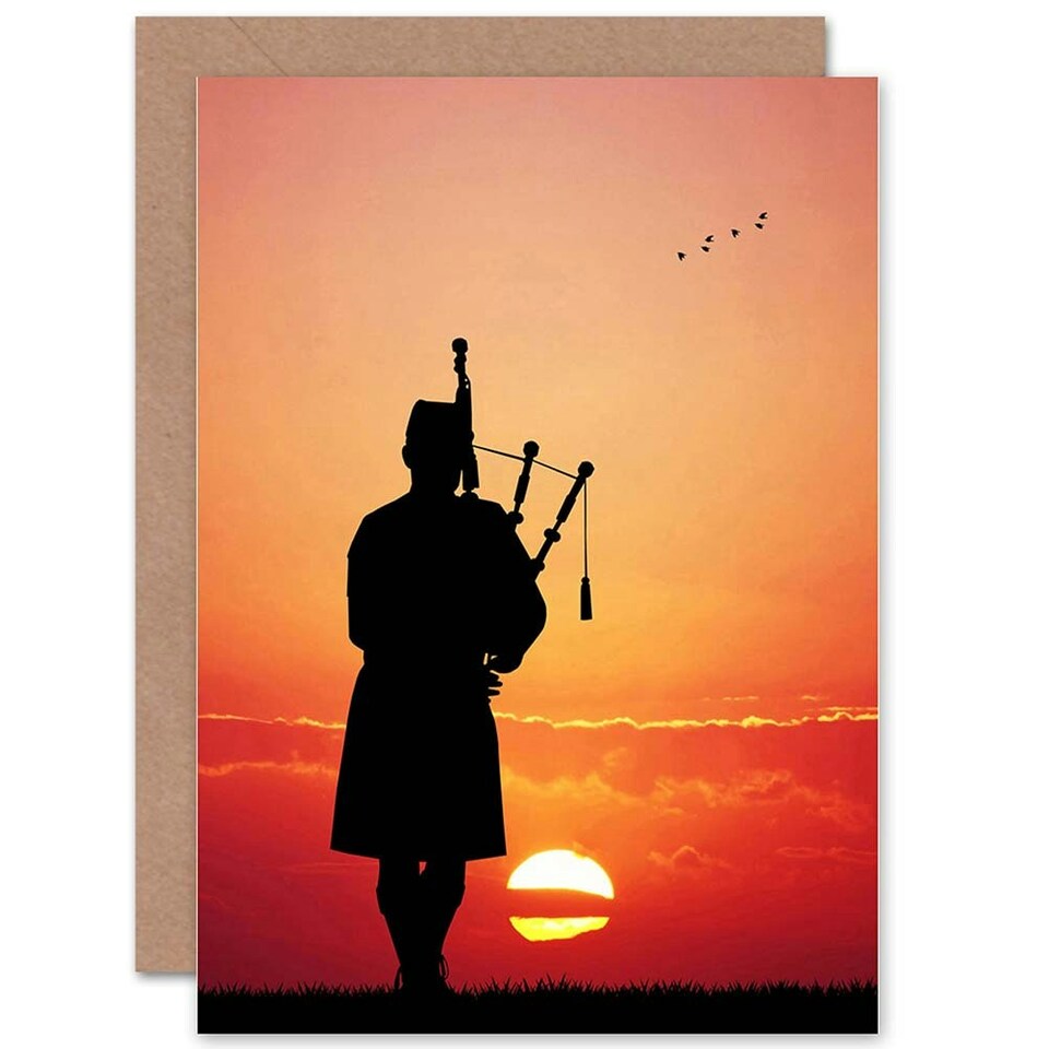 image 1 of Sunset Solitary Scots Piper Silhouette Scottish Card