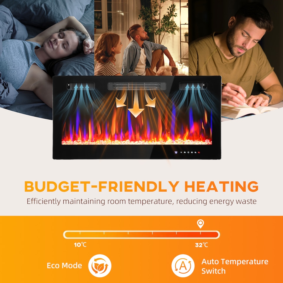 image 1 of HOMCOM 91cm/36" Electric Fireplace, Ultra-Slim Wall Mounted and Recessed Electric Fire Heater with Adjustable Flame and Thermostat, Eco Mode, Auto Switch, Weekly and 24H Timer, Remote, 900W/1800W