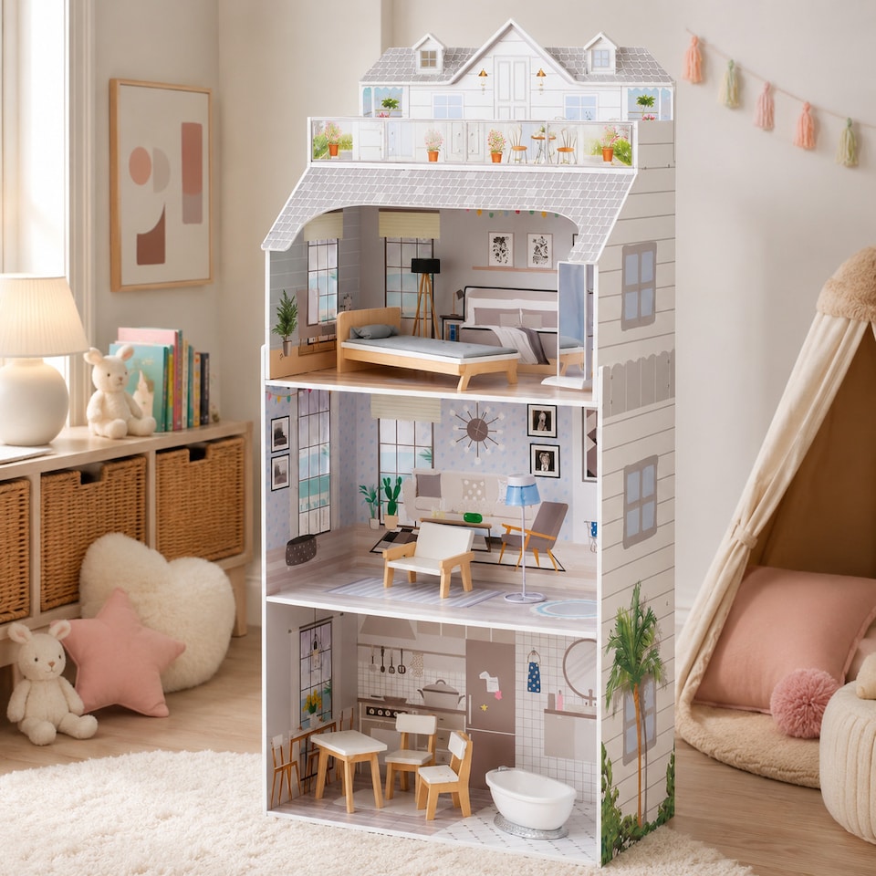 image 1 of Teamson Kids 3-Story Dollhouse with 8 Furnishings, Grey, Dreamland Penthouse