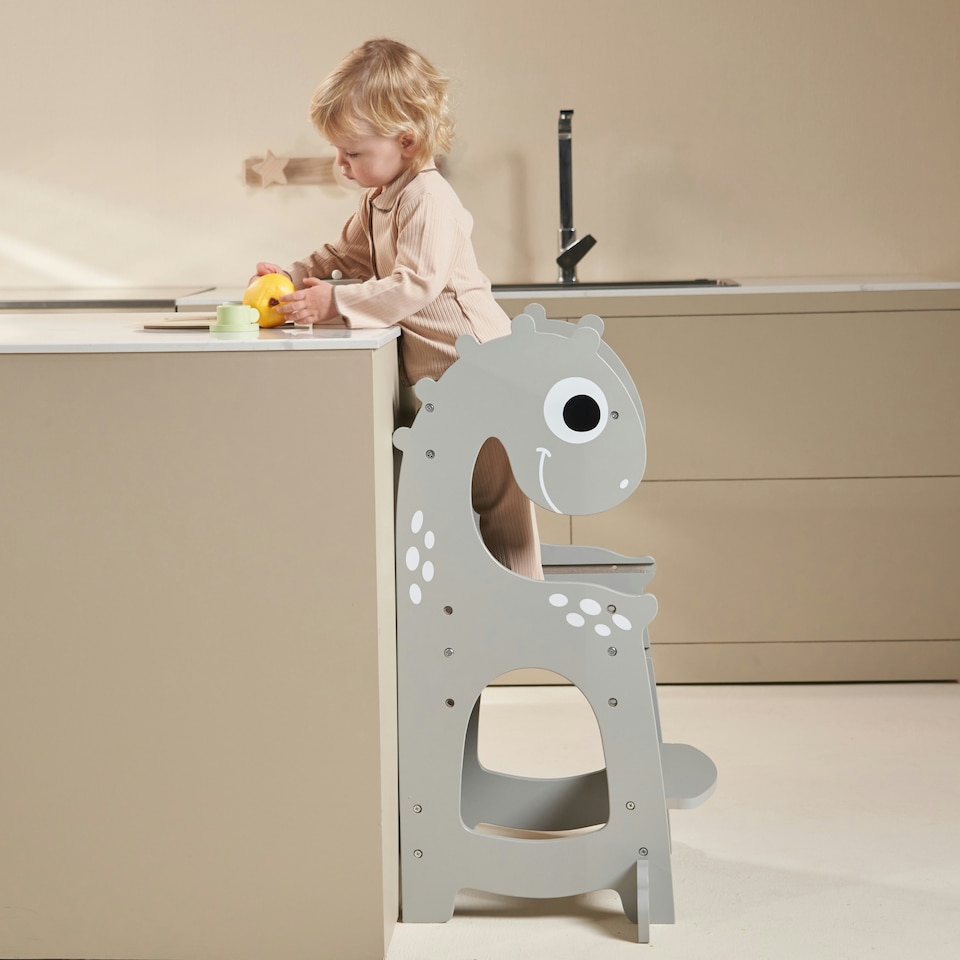 image 1 of Kidoz Toddler Learning Tower - Kitchen Helper with Safety Rail - Dinosaur Design - Grey