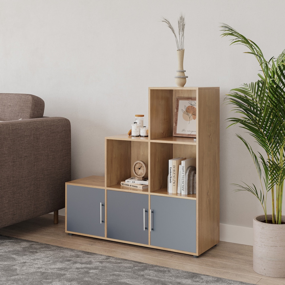 image 1 of 6-Cube Step Shelving Unit With Metal Handle Doors | Brown | Oak & Grey | 1