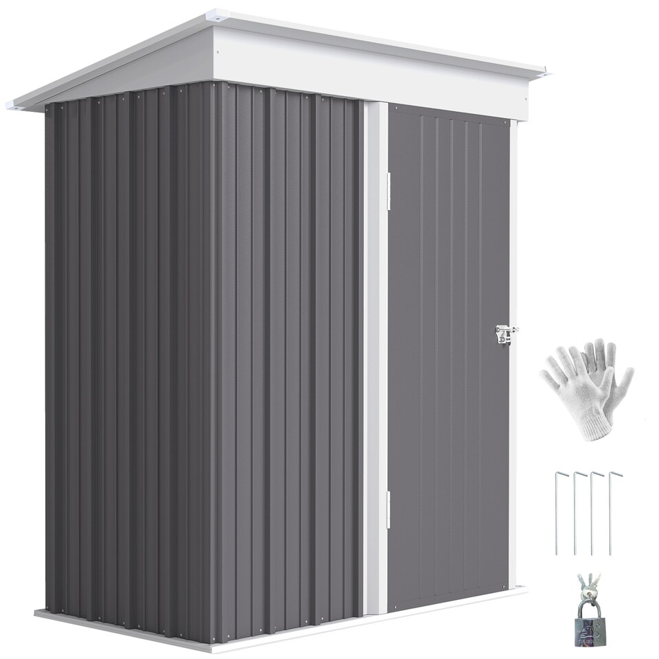 image 1 of Outsunny 5x3ft Garden Shed, Steel Small Shed, Outdoor Leanto Shed with Adjustable Shelf, Lock and Gloves for Patio, Garden, Grey with Foundation Kit