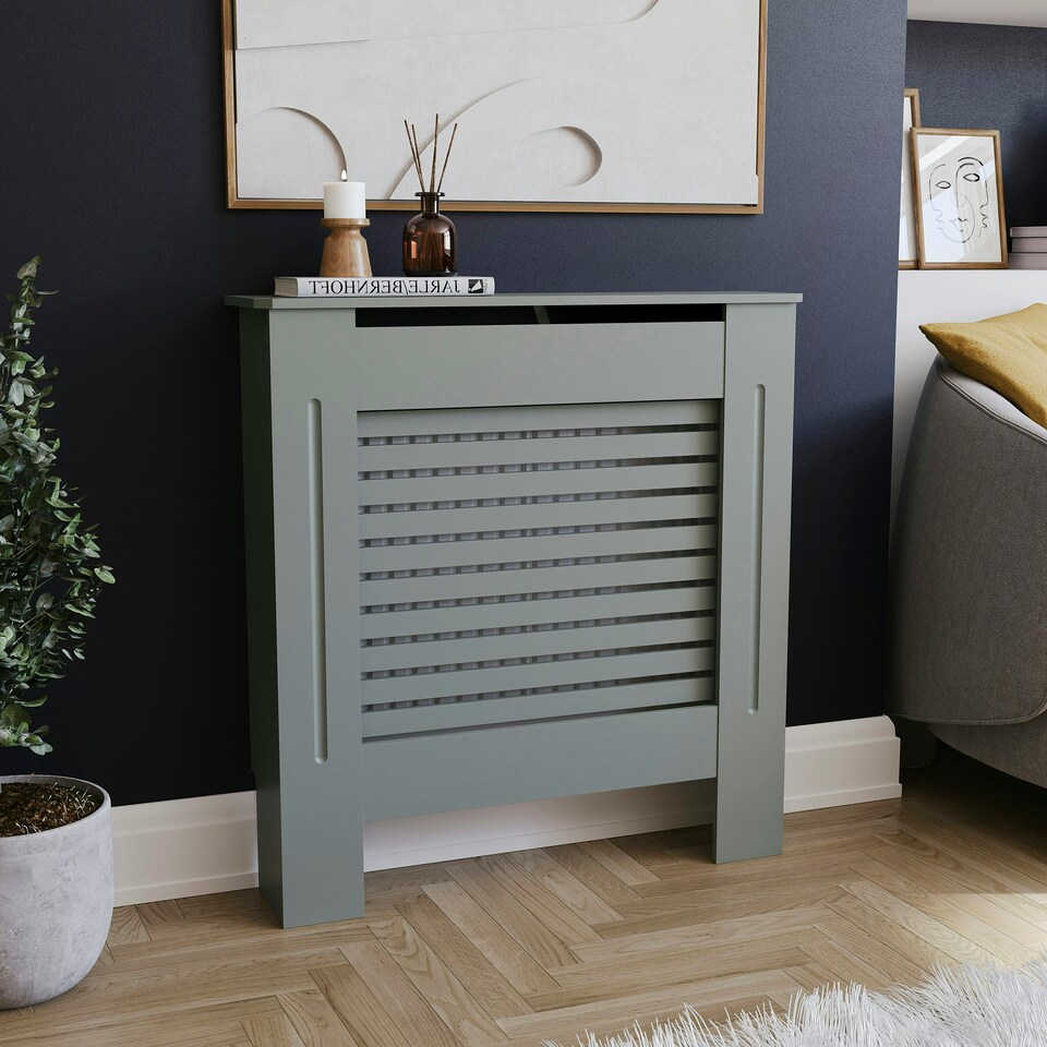 image 1 of Vida Designs Milton Radiator Cover Painted MDF Slatted Cabinet, Grey, 78cm