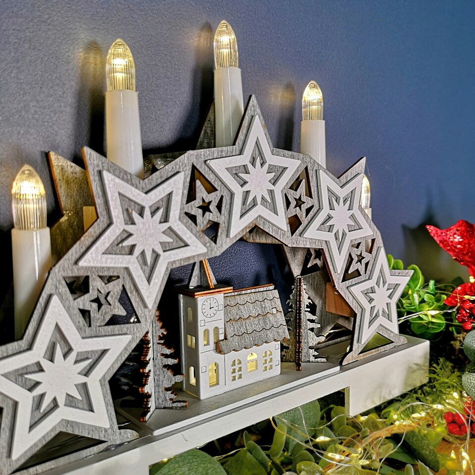 image 1 of 32cm Battery Operated Star and Village Candle Bridge Christmas Decoration