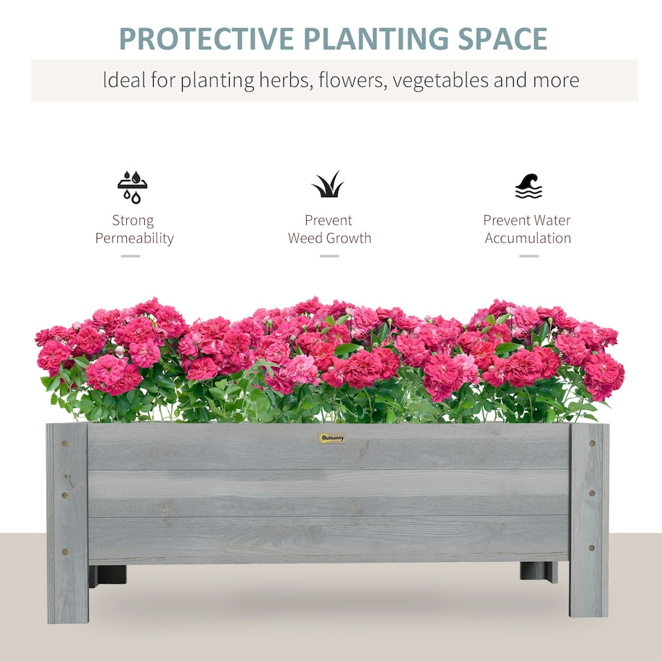 image 1 of Outsunny Wooden Garden Raised Bed Planter Grow Containers Pot, 100x36.5x36cm Grey